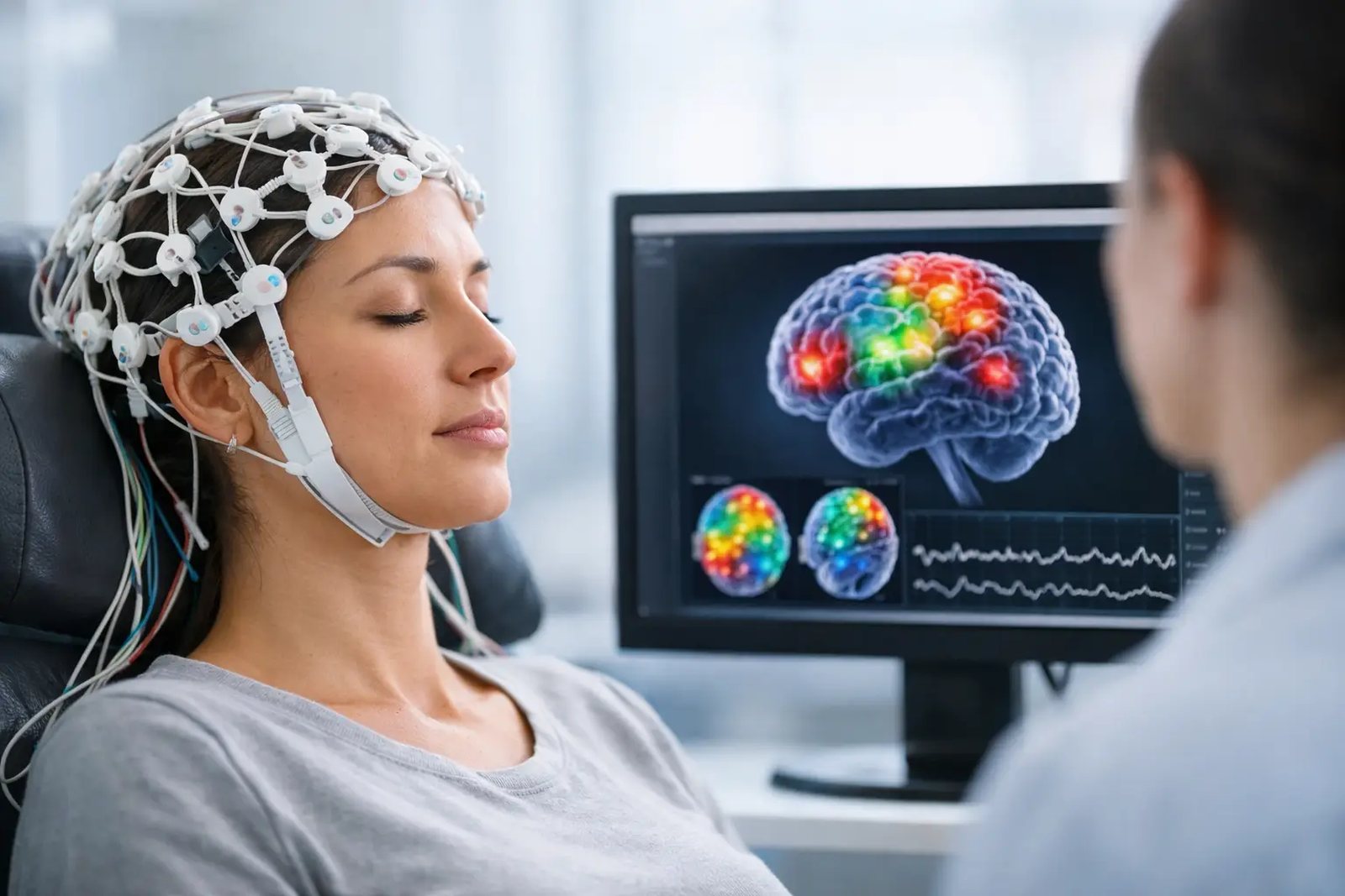 A client wearing the QEEG sensor cap while a clinician reviews brain maps on screen