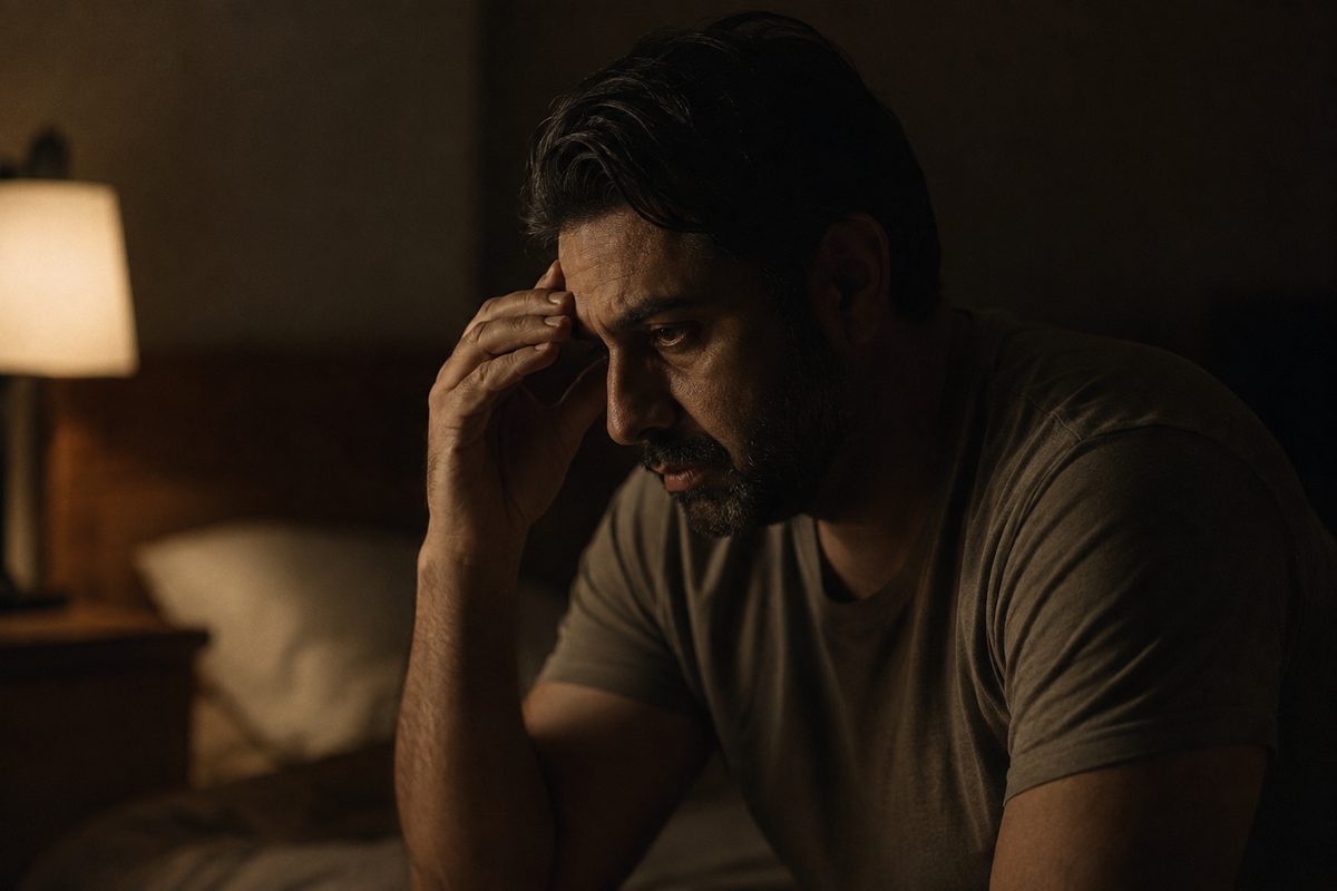 A man sitting on the edge of a bed late at night, hand at his temple