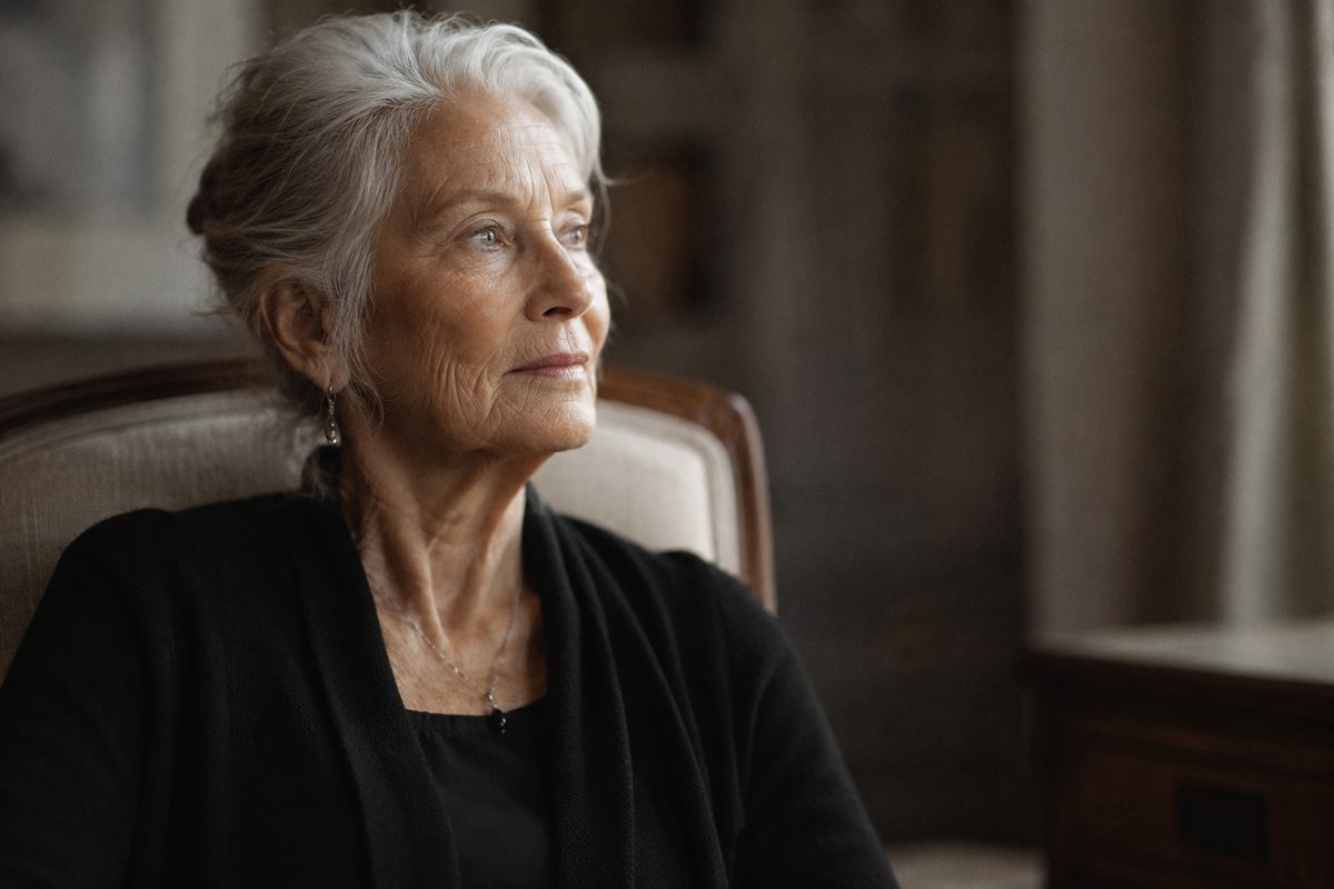 A woman in her seventies sitting by a window in soft morning light