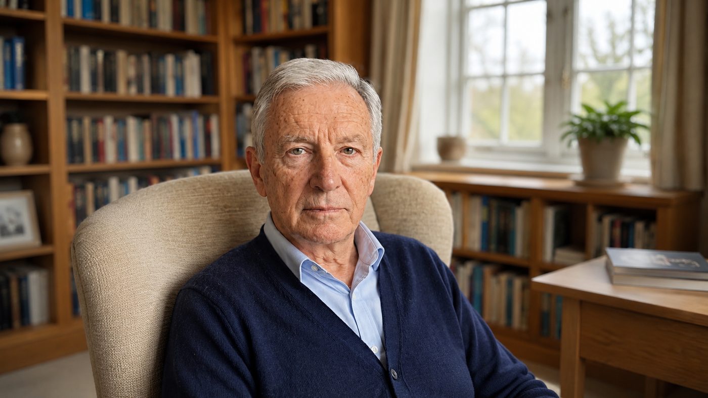 An older man sitting in an armchair in his study